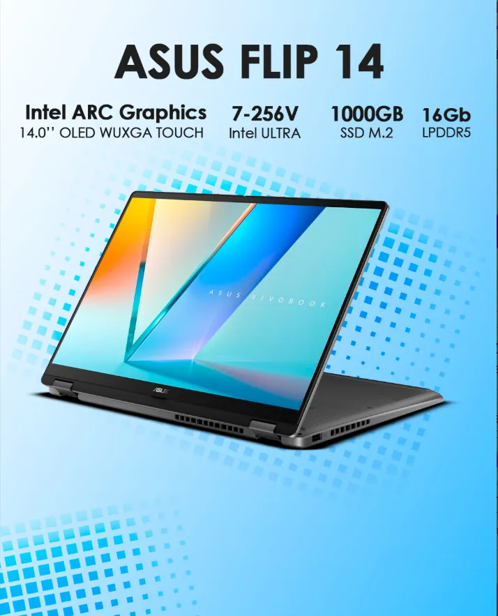 Noutbuk Asus Vivobook FLIP 14 (TP3407SA) / Ultra 7-256V / 16 GB / SSD 512 GB / 14", Arctic Grey