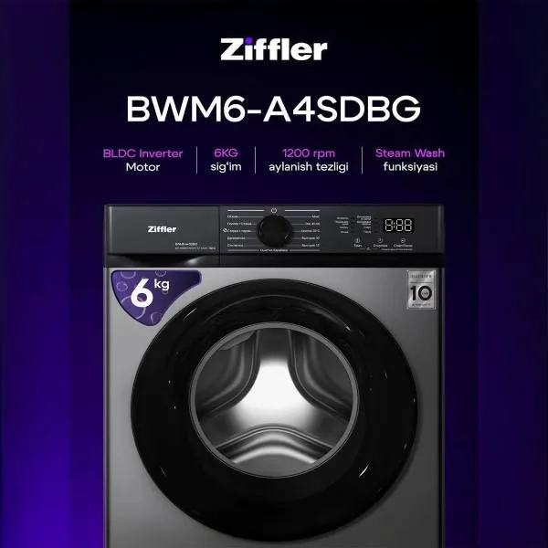 Kir yuvish mashinasi Ziffler BWM6-A4SDBG 6 kg, Kulrang