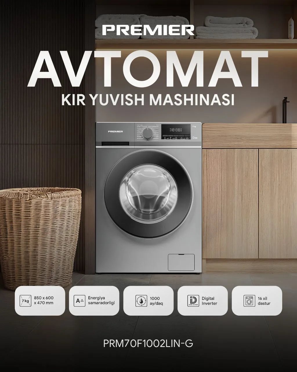 Kir yuvish mashinasi Premier PRM70F1002LIN/W, kulrang