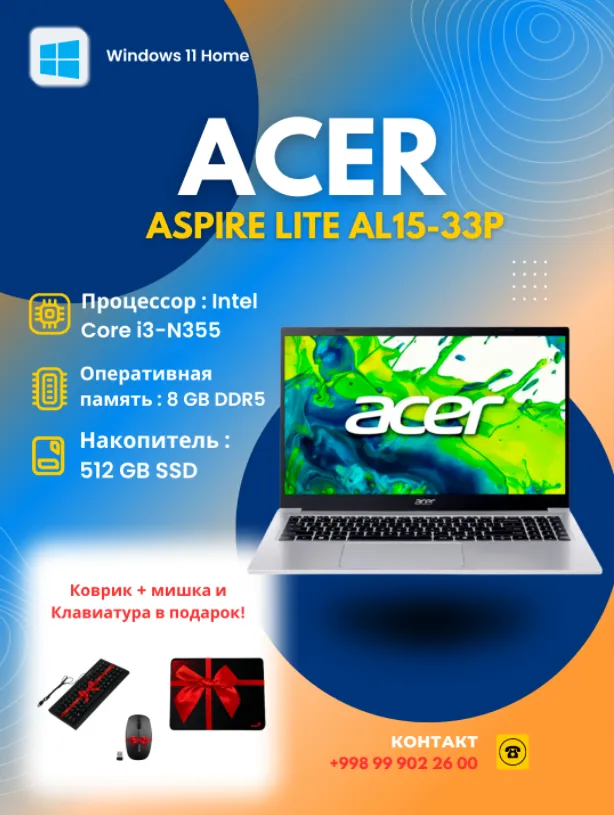 Noutbuk Acer Aspire Lite (AL15-33P-3809) / i3-N355 / 8 GB / SSD 512 GB / 15.6", Silver