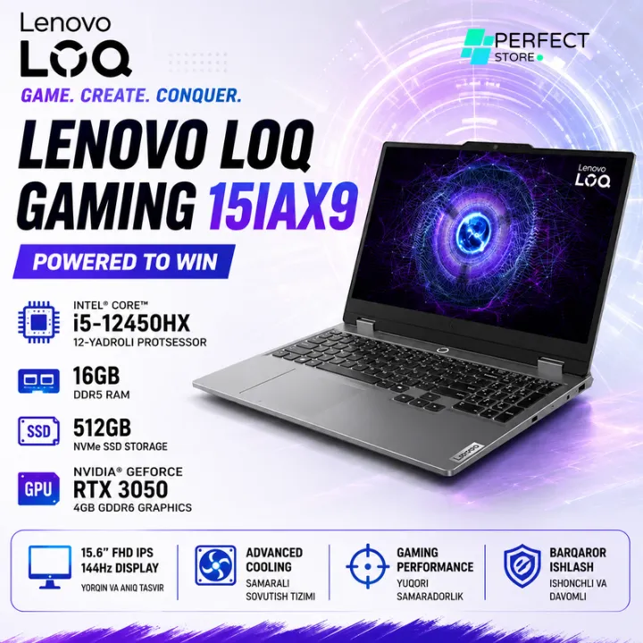 Igrovoy Noutbuk Lenovo LOQ GAMING 15IAX9 / I5-12450HX / 16 GB / SSD 512 GB / RTX 3050 / 15.6"…