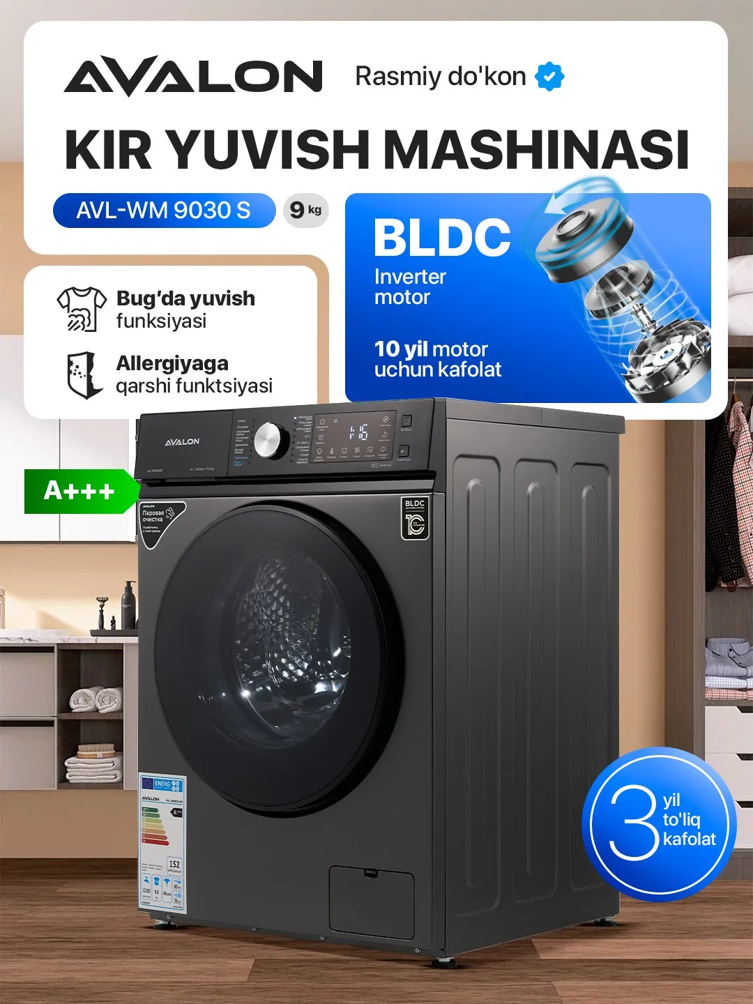 Kir yuvish mashinasi Avalon AVL-WM9030 S, kulrang