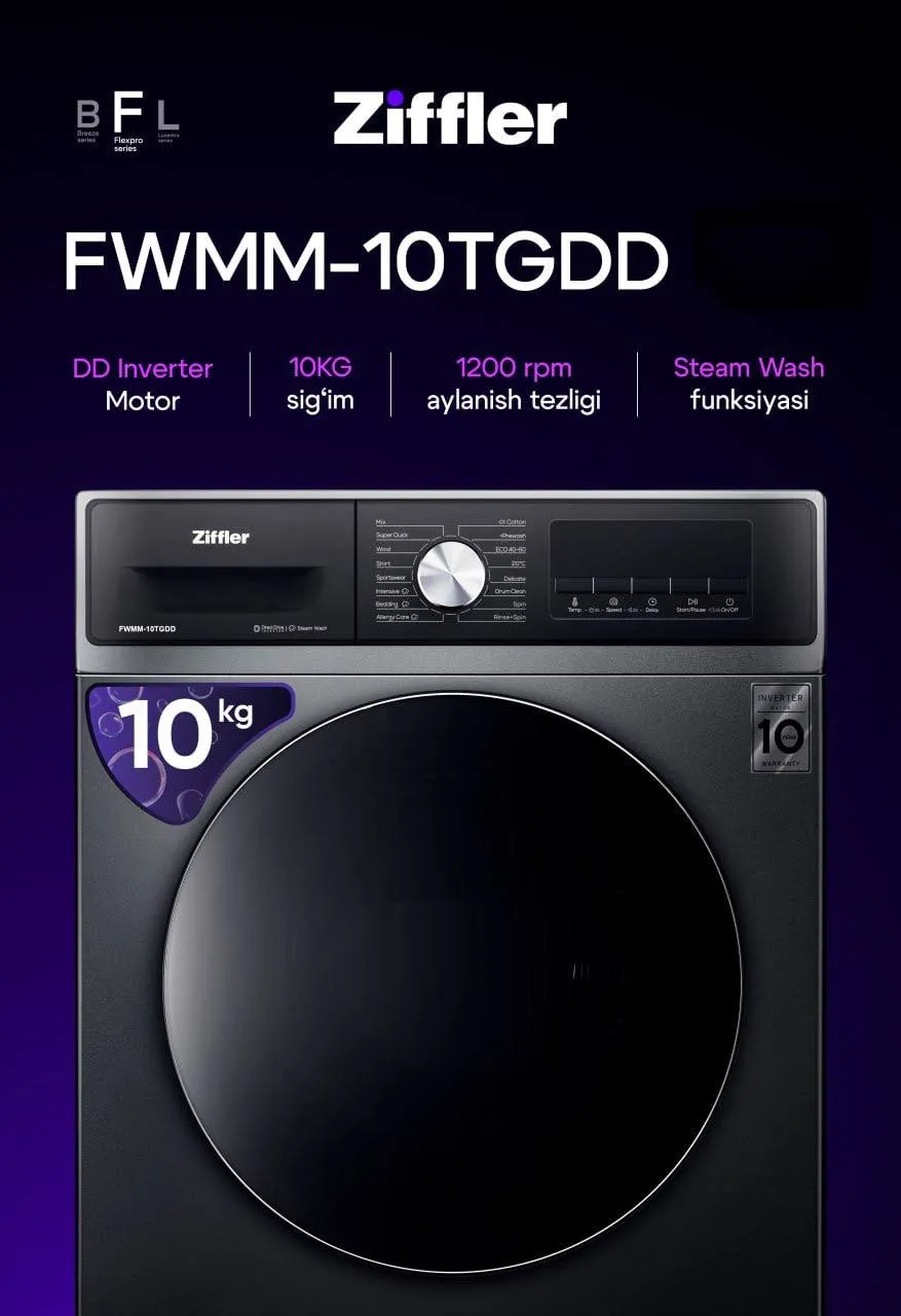 Kir yuvish mashinasi Ziffler FWMM-10TGDD 10 kg, tyomno-kulrang