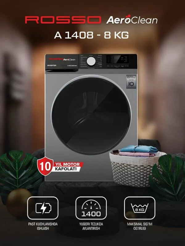 Kir yuvish mashinasi bitovaya ROSSO AeroClean A1408 GR 8Kg Inverter, Kulrang