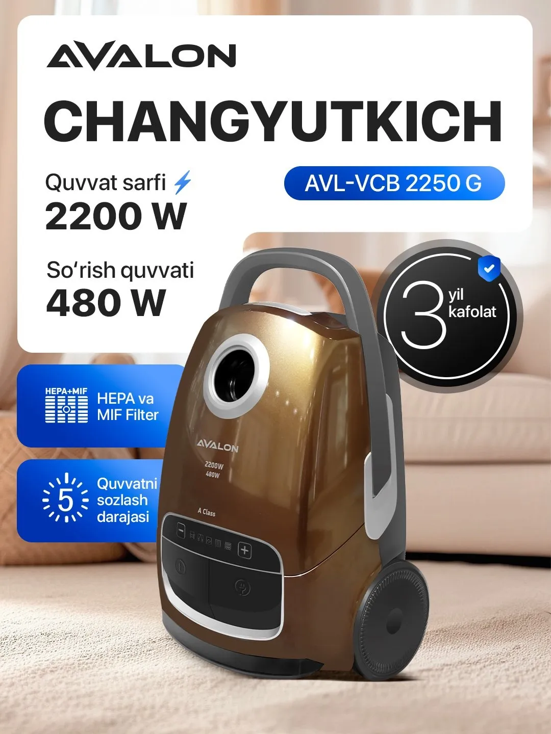 Changyutgich Avalon AVL-VCB2250B, zolotistiy
