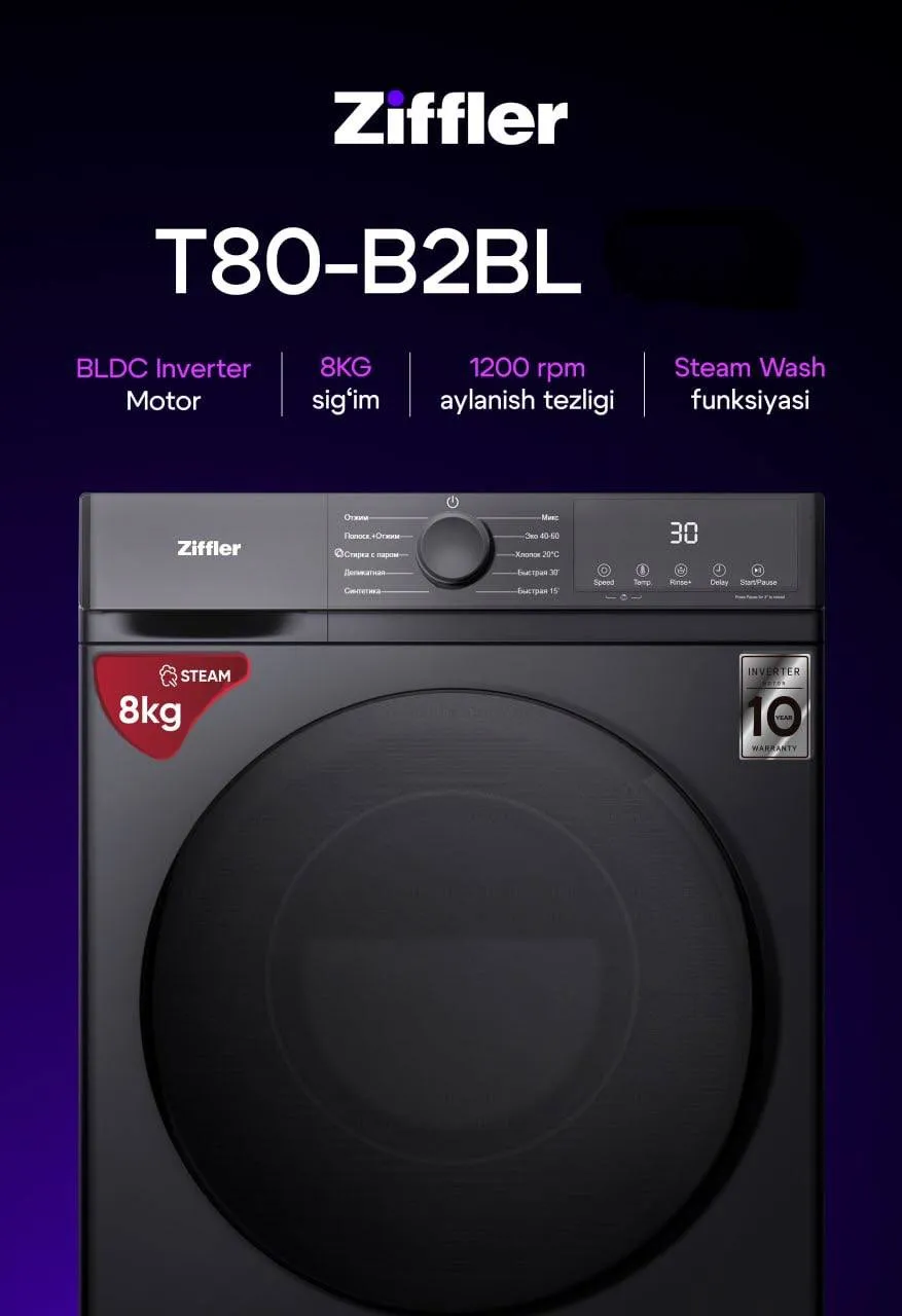 Kir yuvish mashinasi Ziffler T80-B2BL, qora