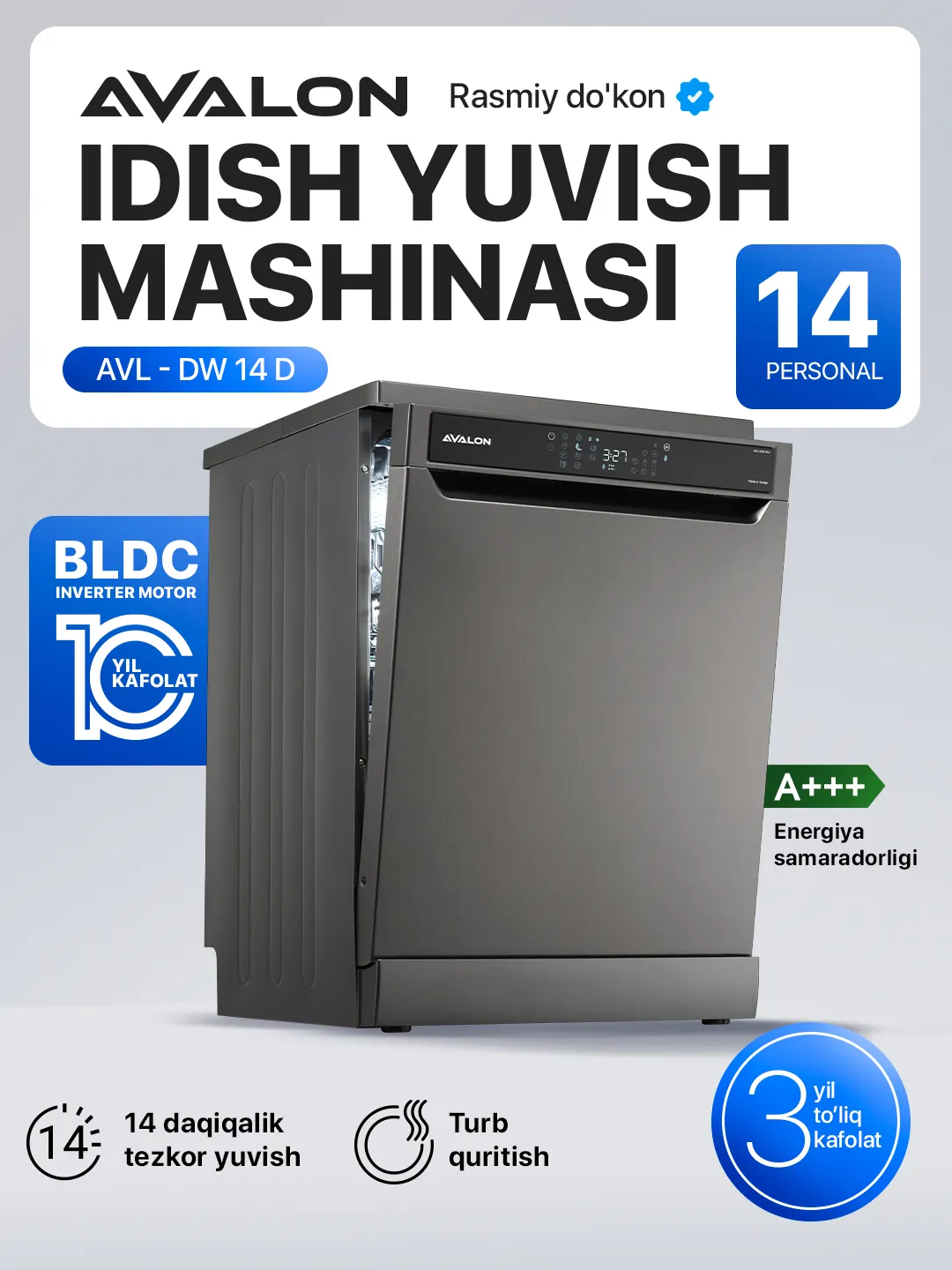 Idish yuvish mashinasi Avalon AVL-DW 14 D, kulrang