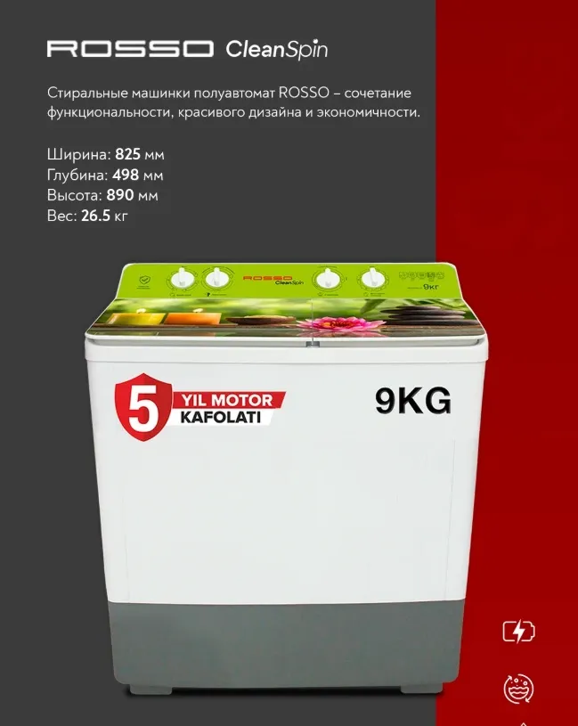 Kir yuvish mashinasi Rosso R90WM 9 kg / 5 kg, tyomno-ko'k
