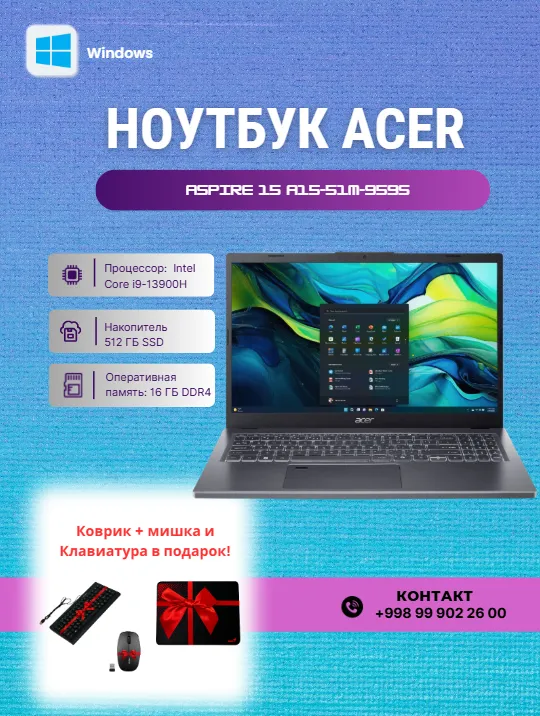 Noutbuk Acer Aspire 15 (A15-51M-959S) / i9-13900H / 16 GB / SSD 512 GB / 15,6", Kulrang stalnoy