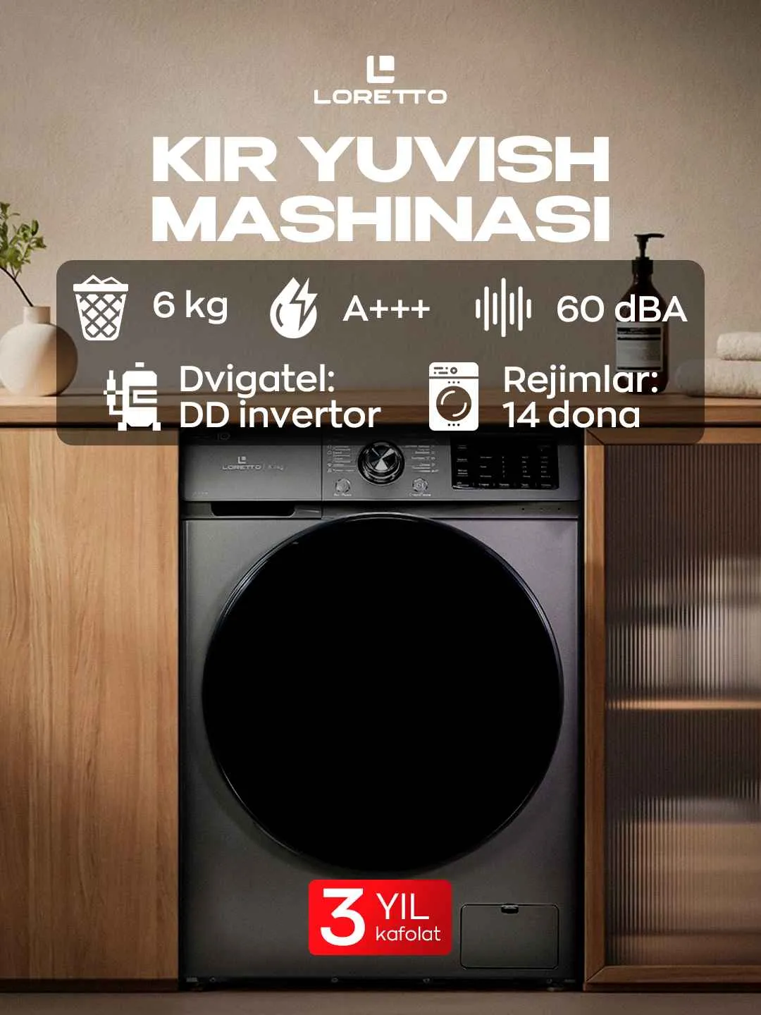 Kir yuvish mashinasi Loretto LW-6104DD-G INVERTER, temno-kulrang