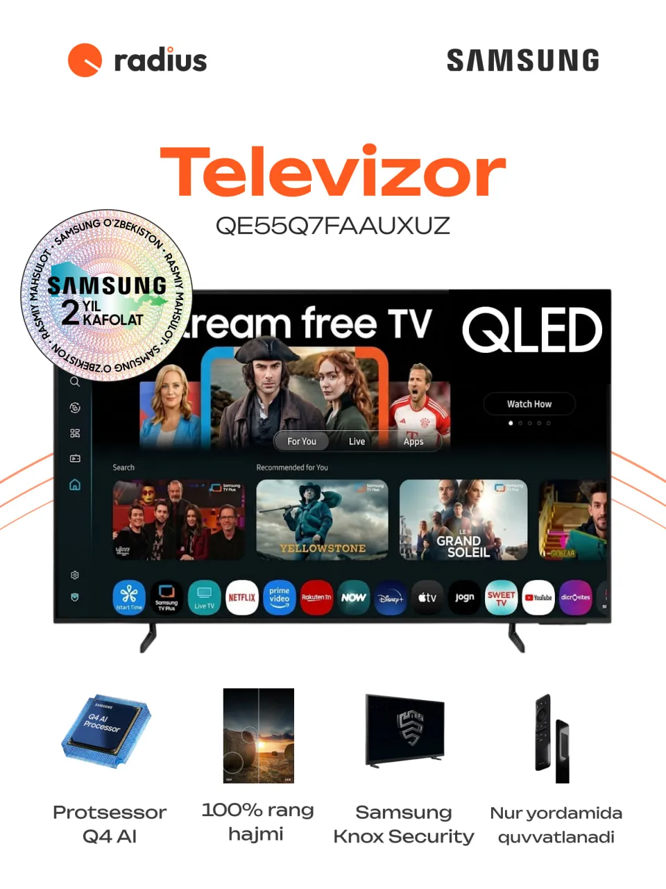QLED - televizor Samsung QE55Q7FAAUXUZ 55", qora