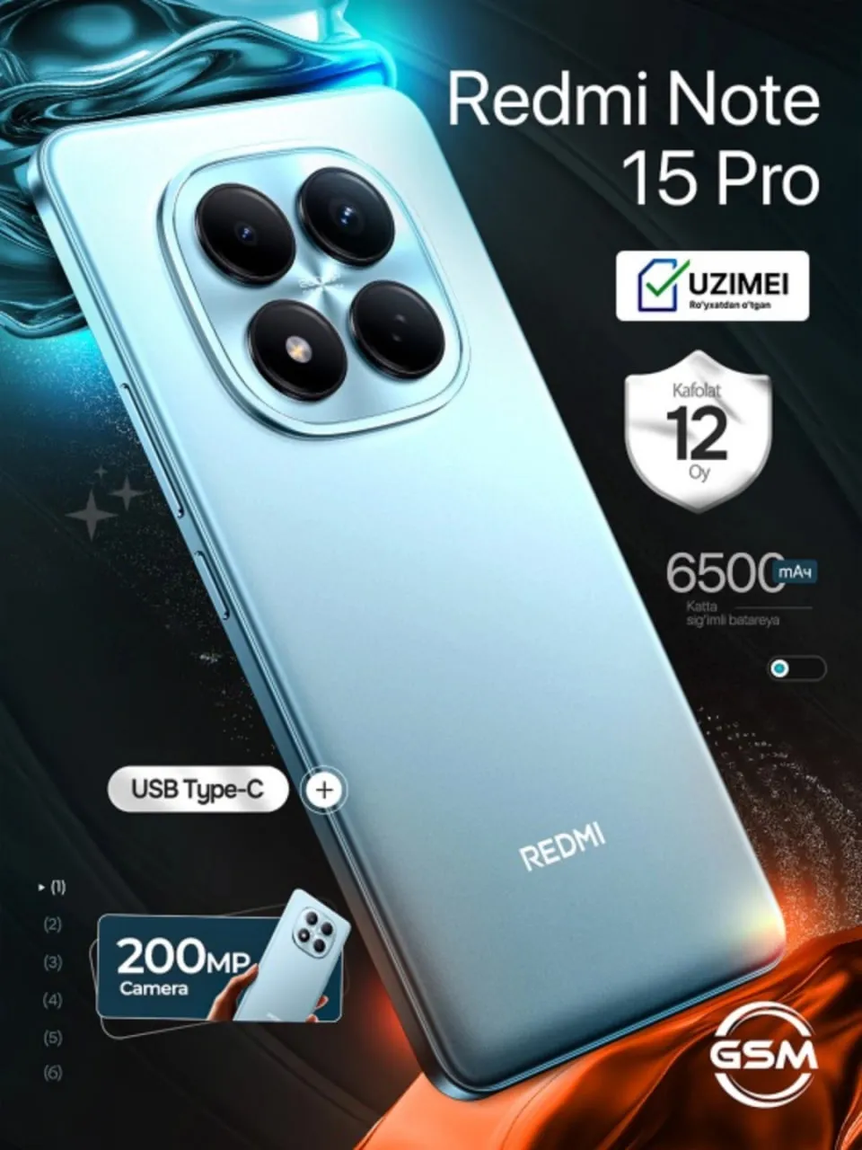 Smartfon Xiaomi Redmi Note 15 Pro 8/256 GB, Lednikoviy ko'k
