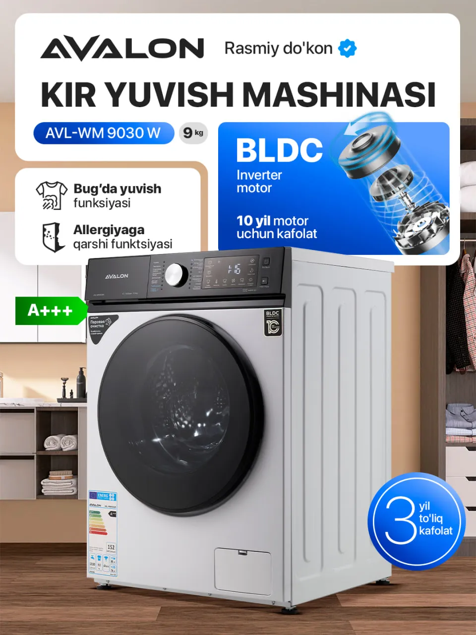 Kir yuvish mashinasi Avalon AVL-WM9030 W, oq