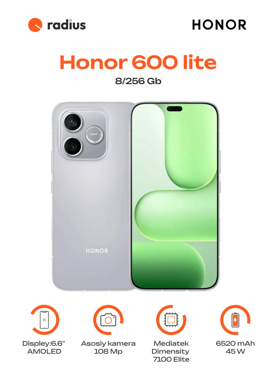 Smartfon Honor 600 Lite 5G 8/256 GB, velvetoviy kulrang