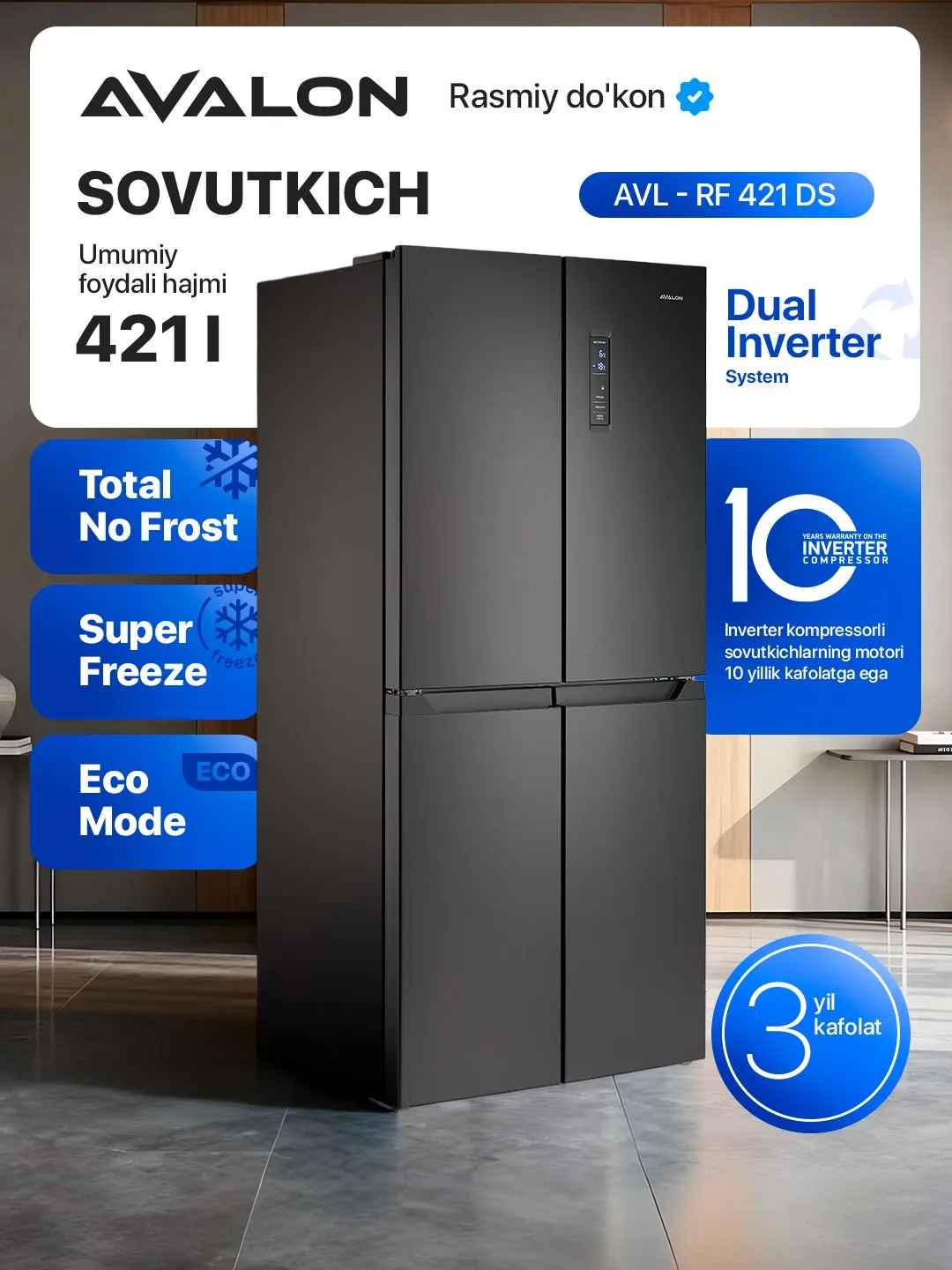 Muzlatgich Avalon AVL-RF421 DS, qora-serebryaniy