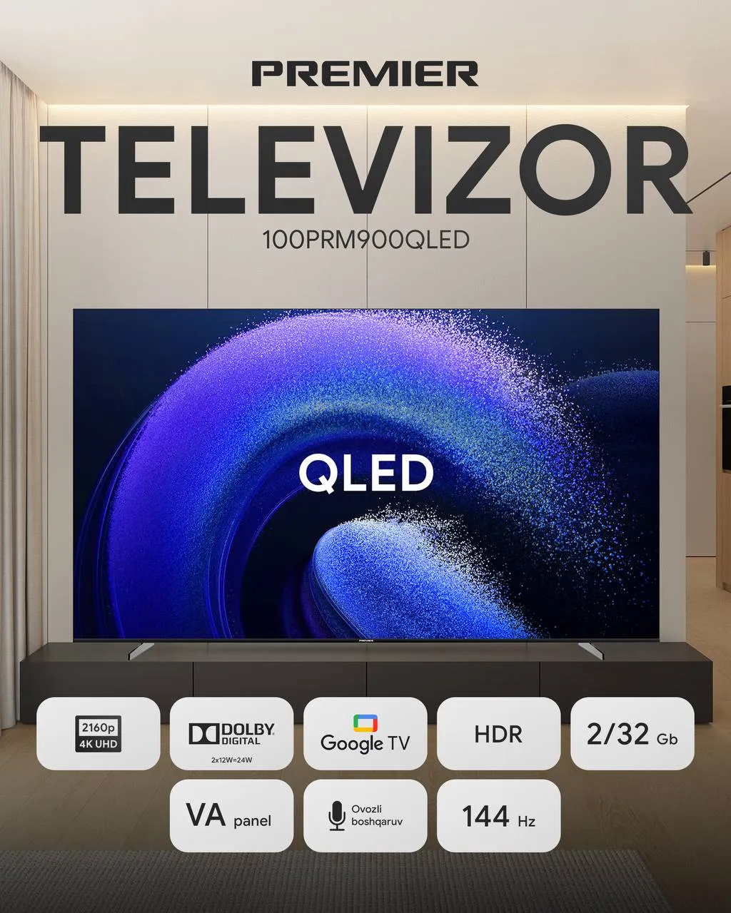 Televizor Premier 100PRM900QLED, qora