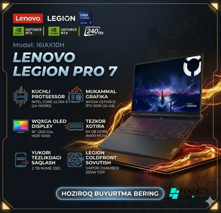 Noutbuk Lenovo LEGION PRO 7 16IAX10H / i9-275HX / 64 GB / SSD 2 TB / RTX 5090 / 16", qora
