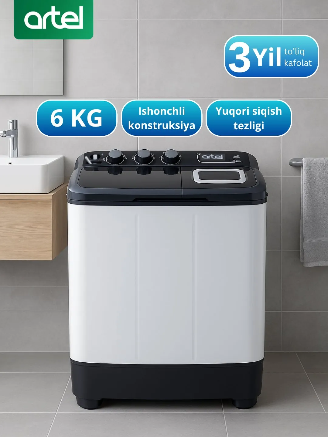 Kir yuvish mashinasi ARTEL TE 60 L, kulrang