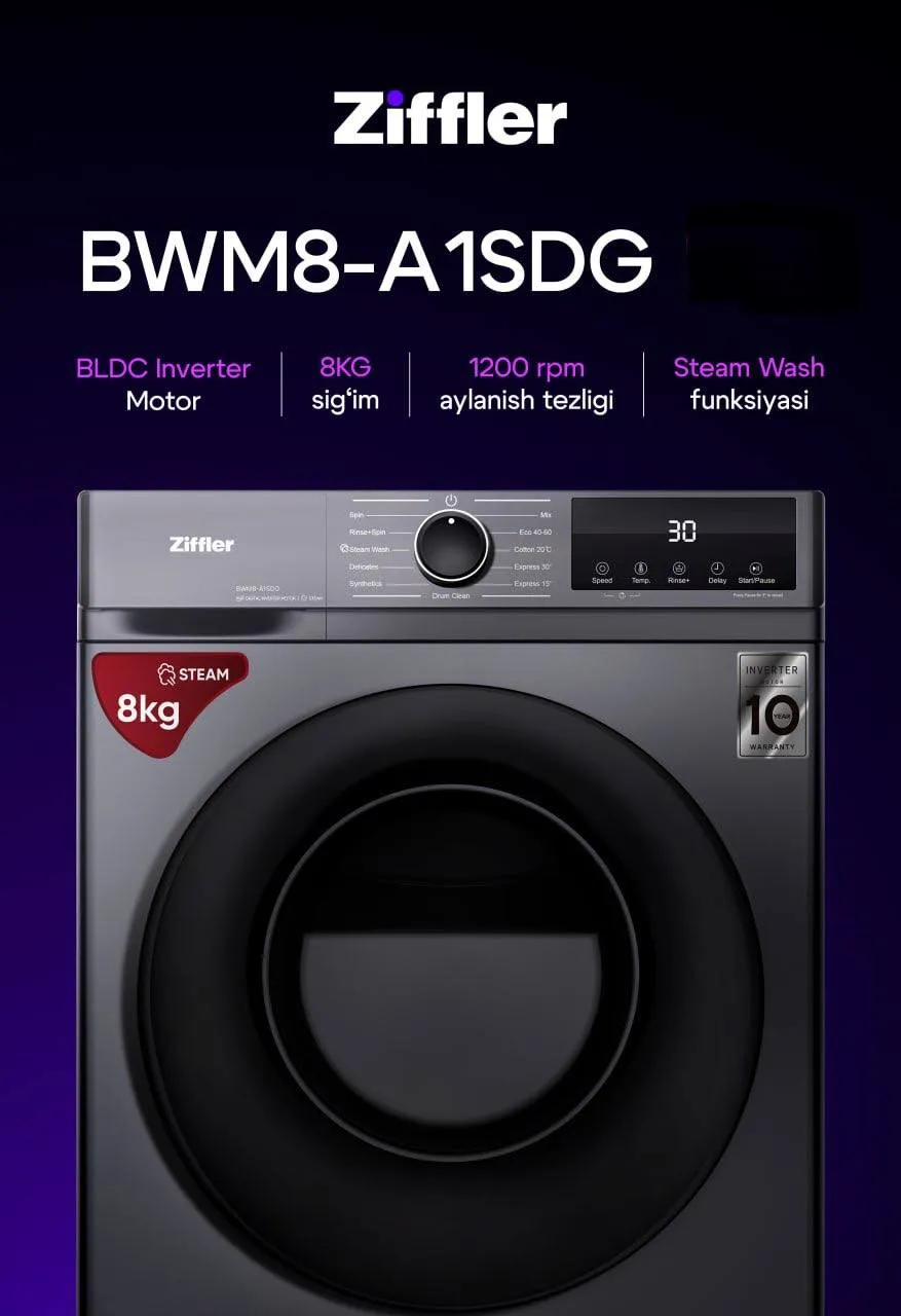 Kir yuvish mashinasi Ziffler BWM8-A1CDG, kulrang
