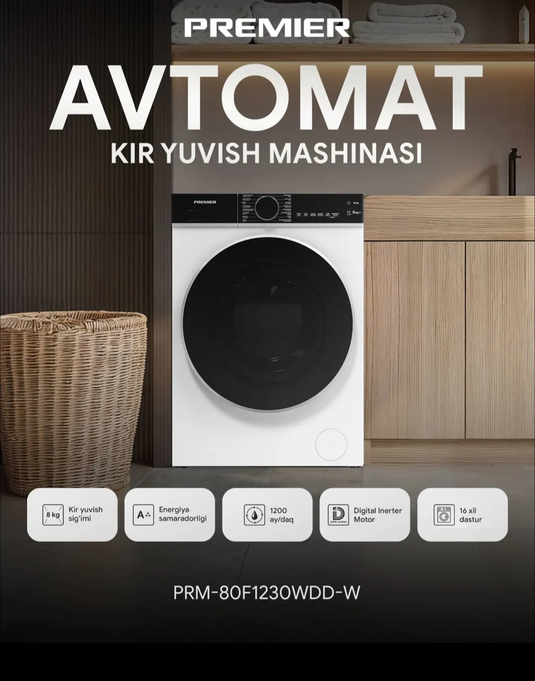 Kir yuvish mashinasi Premier PRM-80F1230WDD-W, oq