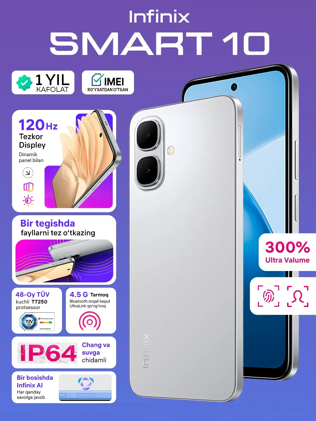Smartfon Infinix SMART 10 3/64 GB, Titanium Silve