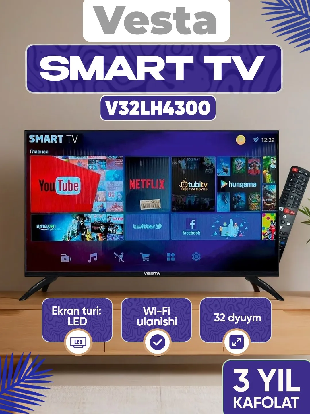 Televizor Vesta 32VLH4300 Smart TV, qora