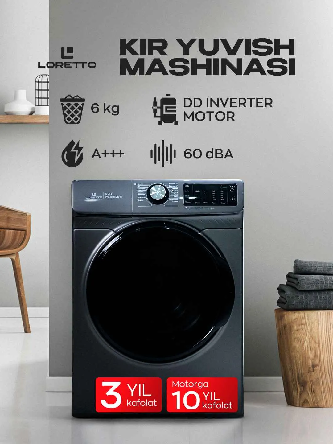 Kir yuvish mashinasi Loretto LW-6004DD-G INVERTER, temno-kulrang