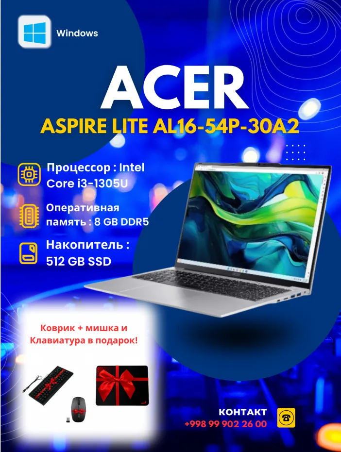 Noutbuk Acer Aspire Lite (AL16-54P-30A2) / i3-1305U / 8 GB / SSD 512 GB / 16", kumushrang