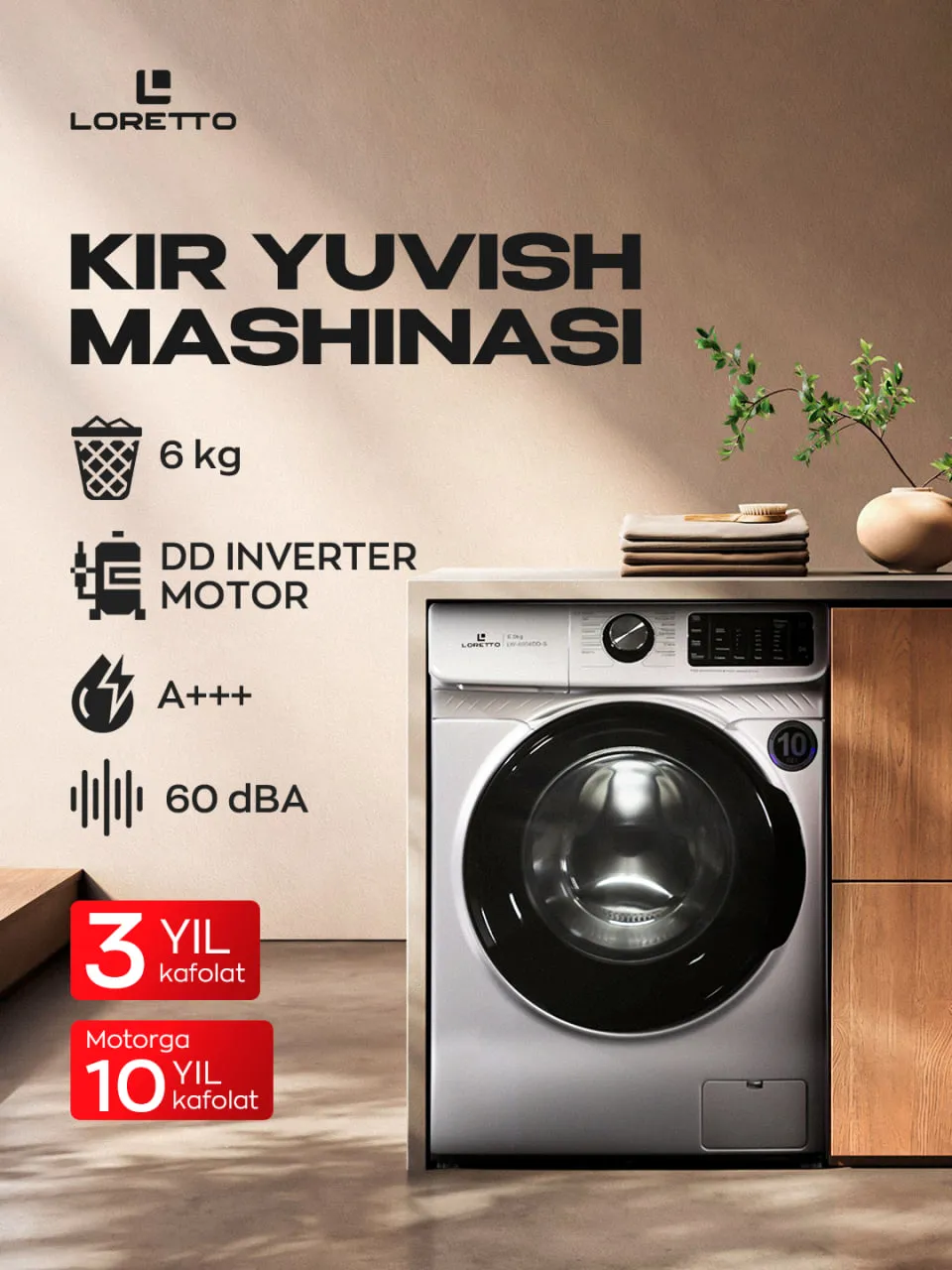 Kir yuvish mashinasi Loretto LW-6004DD-S INVERTER, kulrang