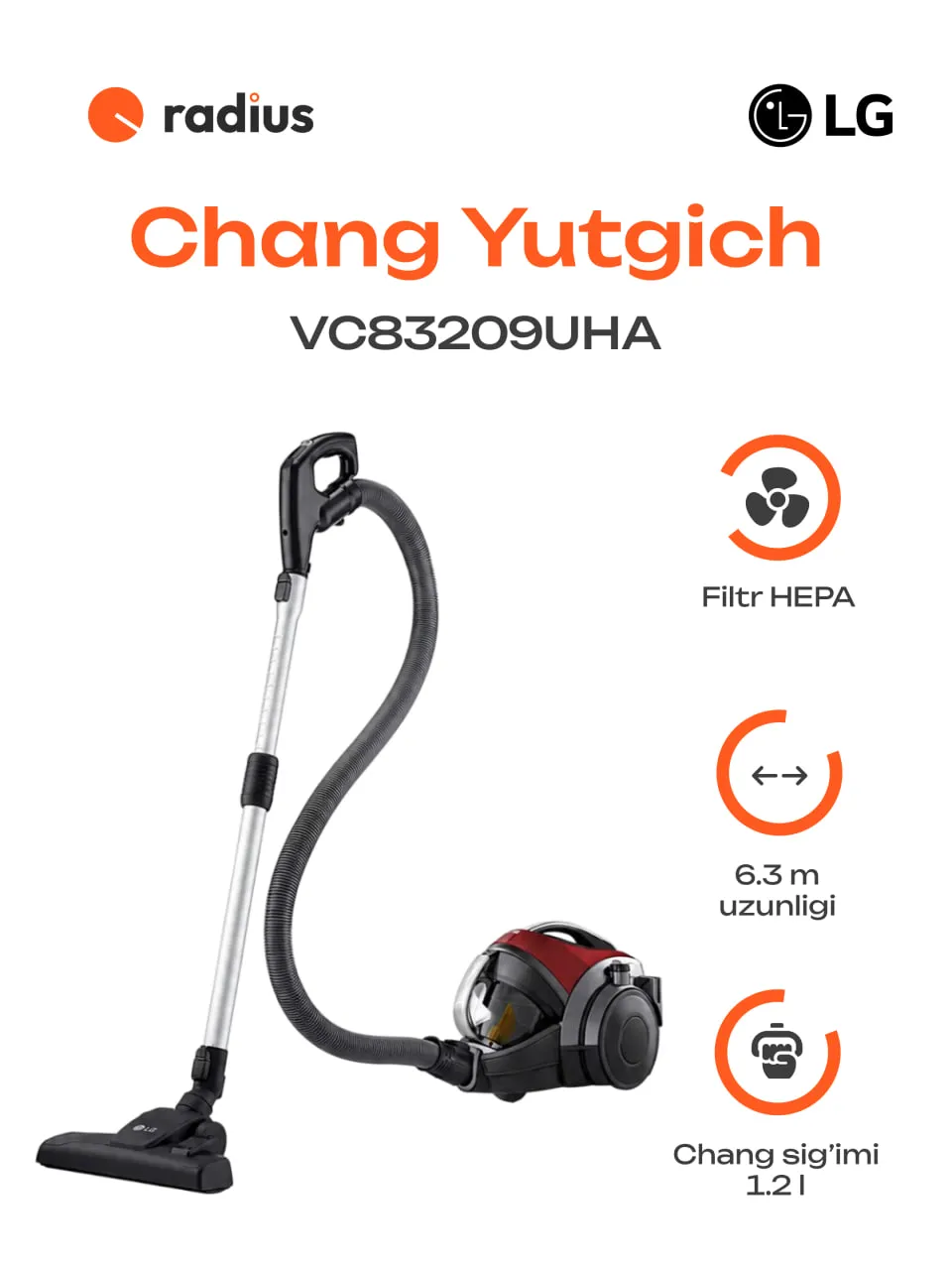 Changyutgich LG VC83209UHA Kompressor / TurboCyclone, Tyomno-qizil