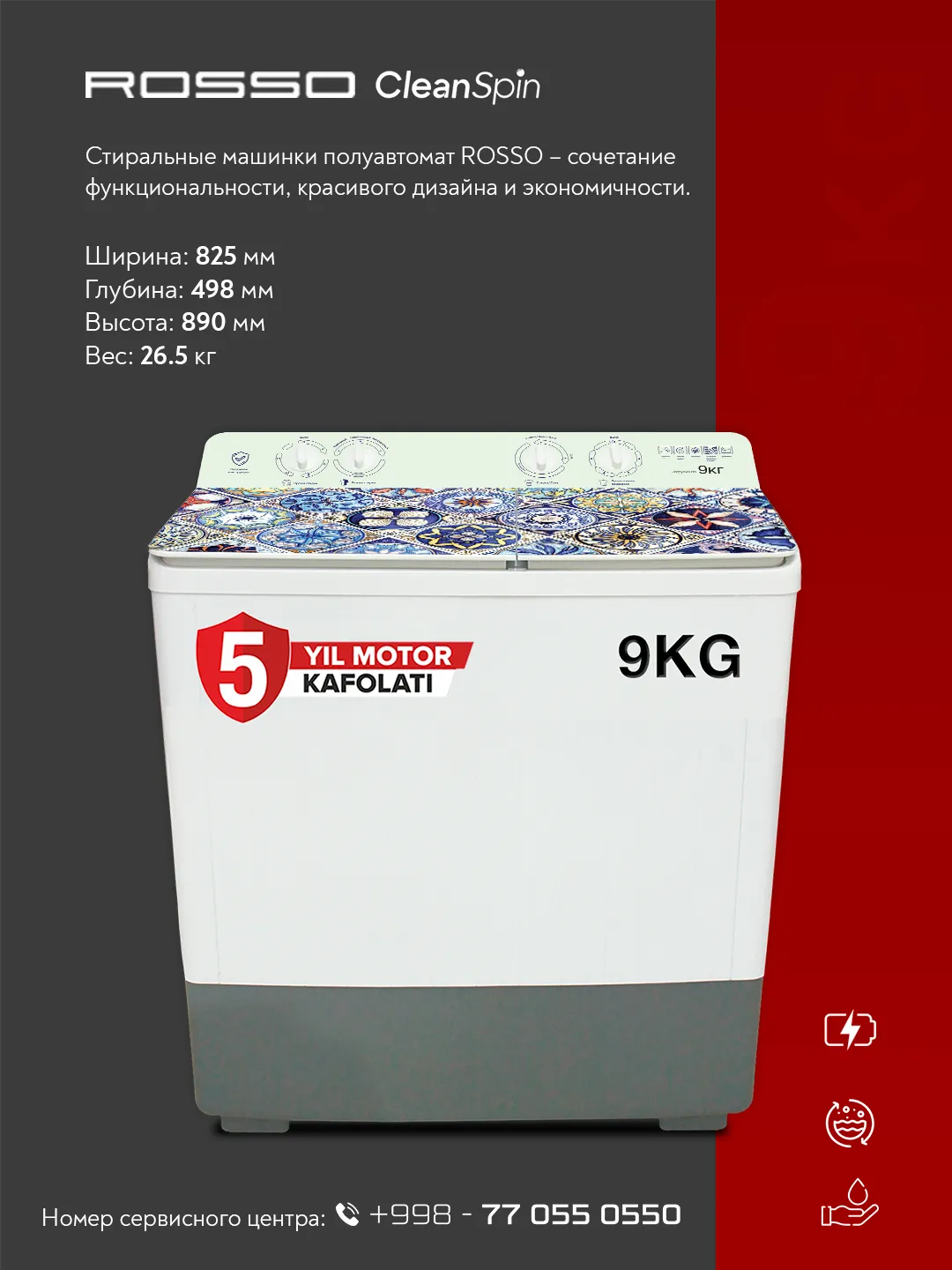 Kir yuvish mashinasi Rosso R90WM 9 kg, oq