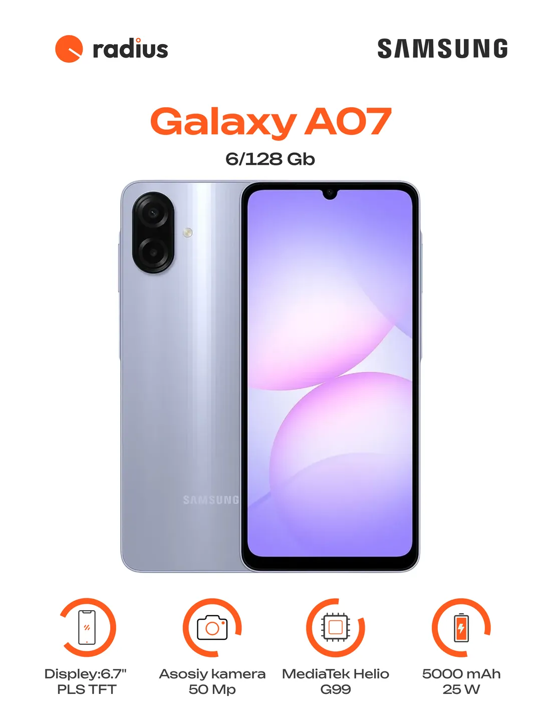 Smartfon Samsung Galaxy A07 6/128 GB, Light Violet