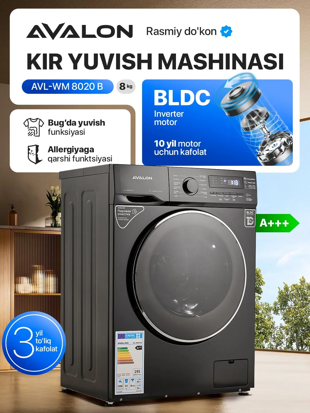 Kir yuvish mashinasi Avalon WM 8020 B BLDC inverter, qora