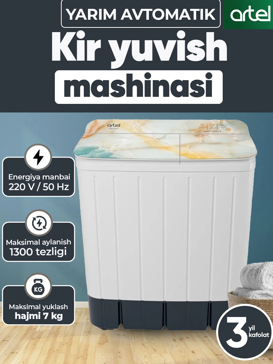Kir yuvish mashinasi Artel TG70FP (7 kg), bejeviy